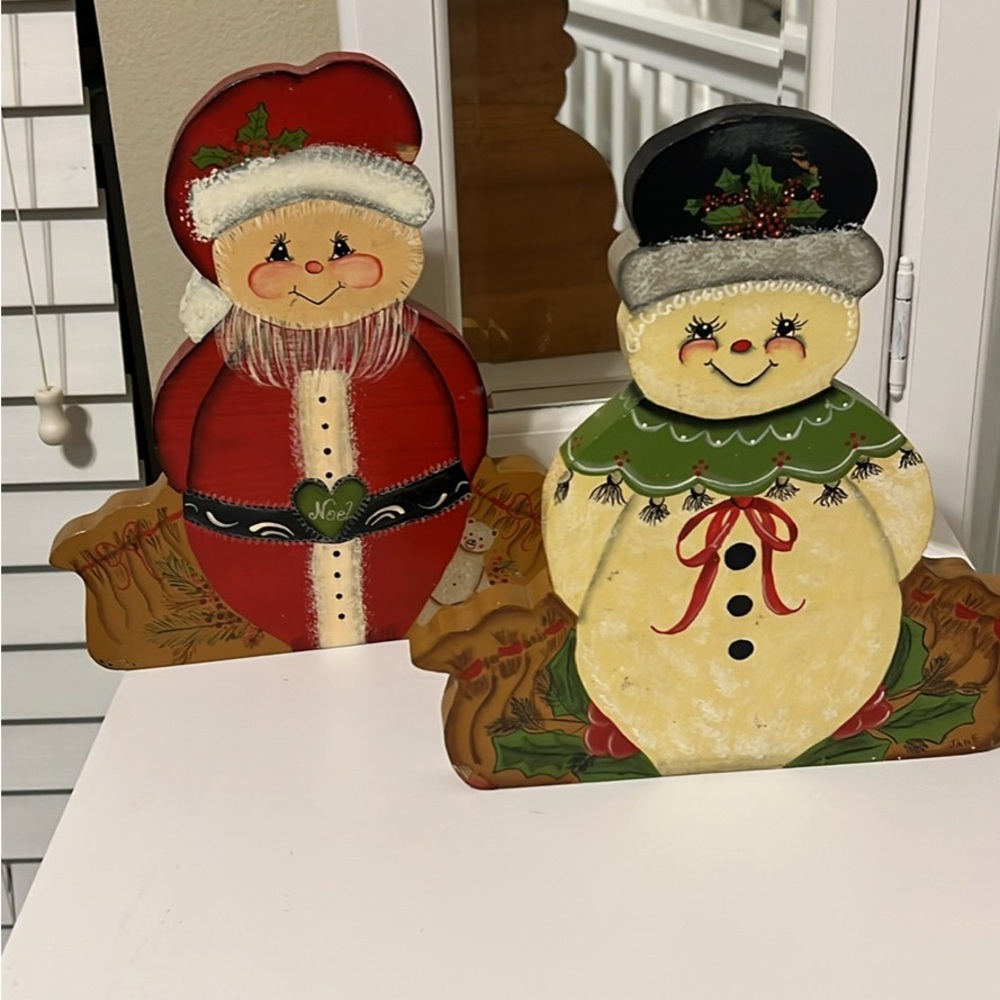 Vintage Festive Wooden Santa and Snowman Decor 10” tall